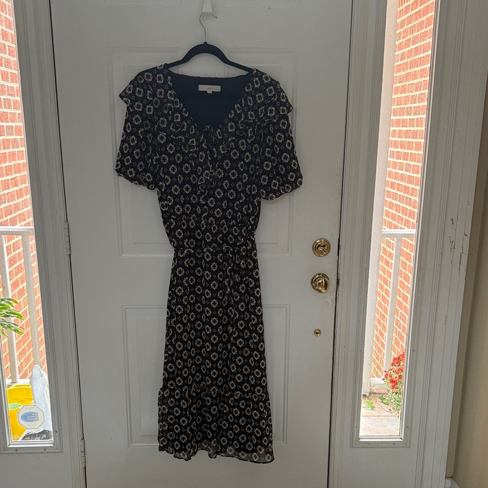 LOFT Black and Cream Floral Midi Dress